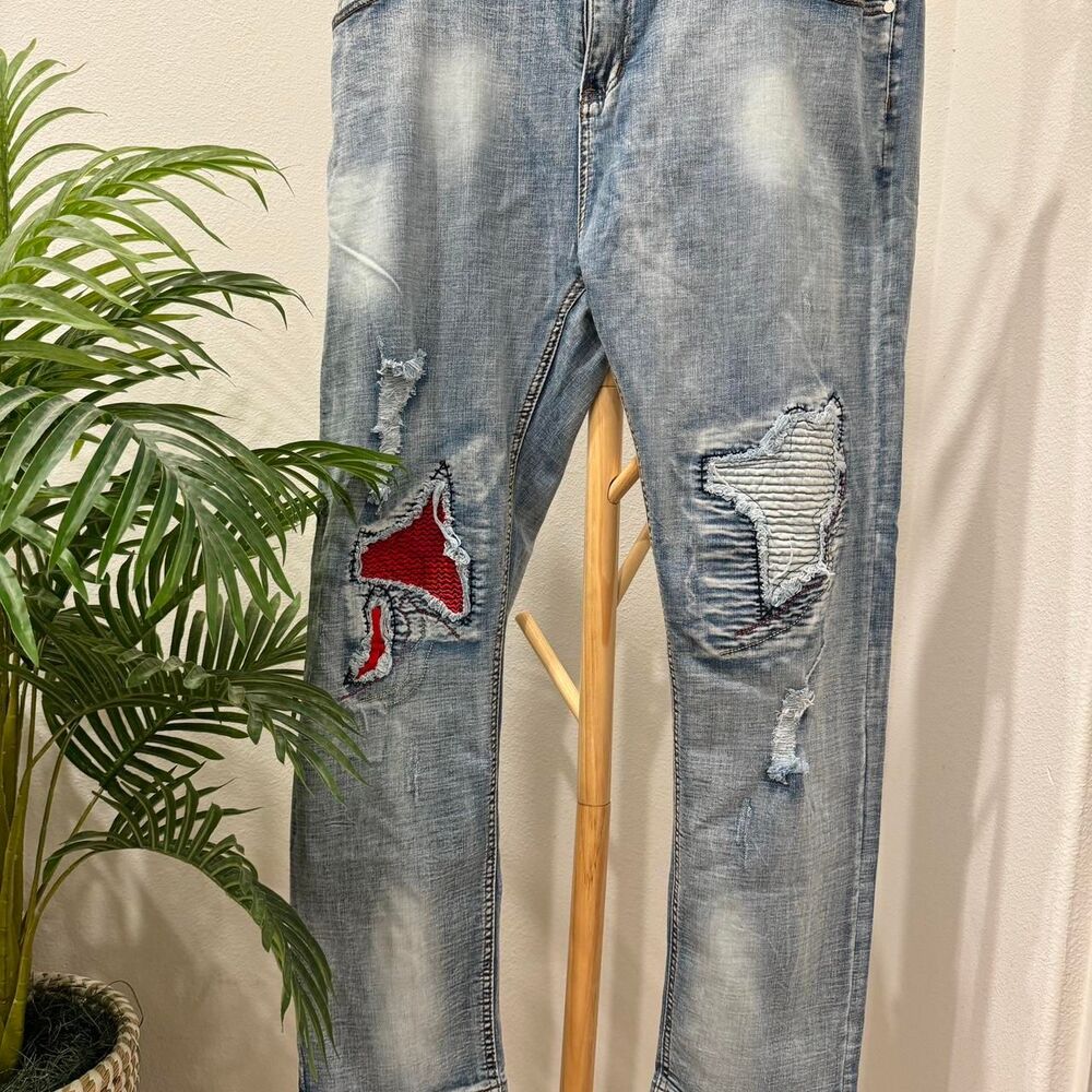 Waist 38 women's vintage Y2K style jeans patchwork moto grunge Streetwear biker